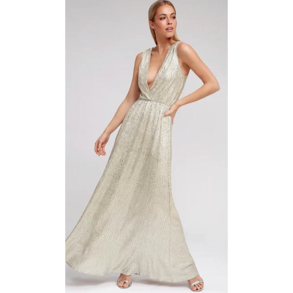 Lulus All That Shimmers Gold Formal Long Gown Dress Deep V-neck Size XS Event